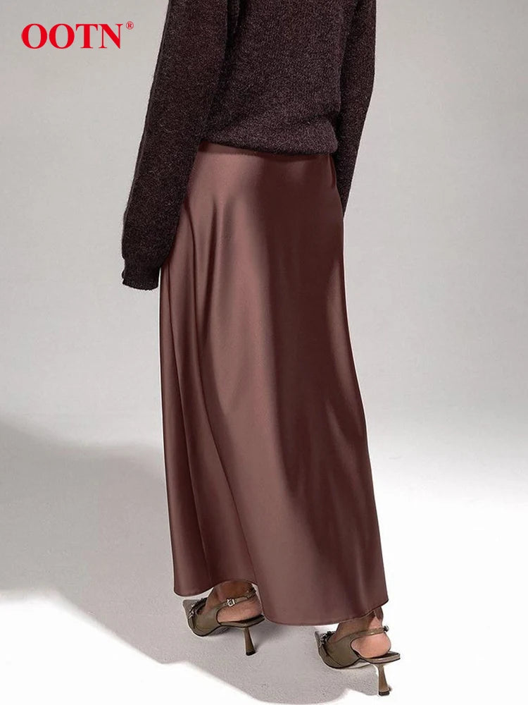 OOTN Elegant Brown Satin A Line Skirts Women Office Lady Silk Long Skirt Fashion Casual Ankle-Length Skirts Female 2024 Spring