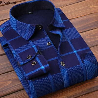 2024 Men's Casual Thick Warm Plaid Long Sleeve Shirts Autumn Winter Fashion Shirt for Men Formal Business Office Shirts Camisas