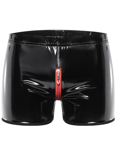 S-5XL Shiny Faux PU Leather Boxershorts Zipper Open Crotch Shorts Mens Boxer Briefs Tights Hot Sexy Trunks Calzoncillo Underwear