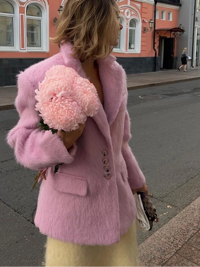 Women's Elegant Pink Lapel Pockets Woolen Blazer Coat Fashion Single-breasted Loose Long Sleeve Coats 2024 Lady Sweet Outerwear