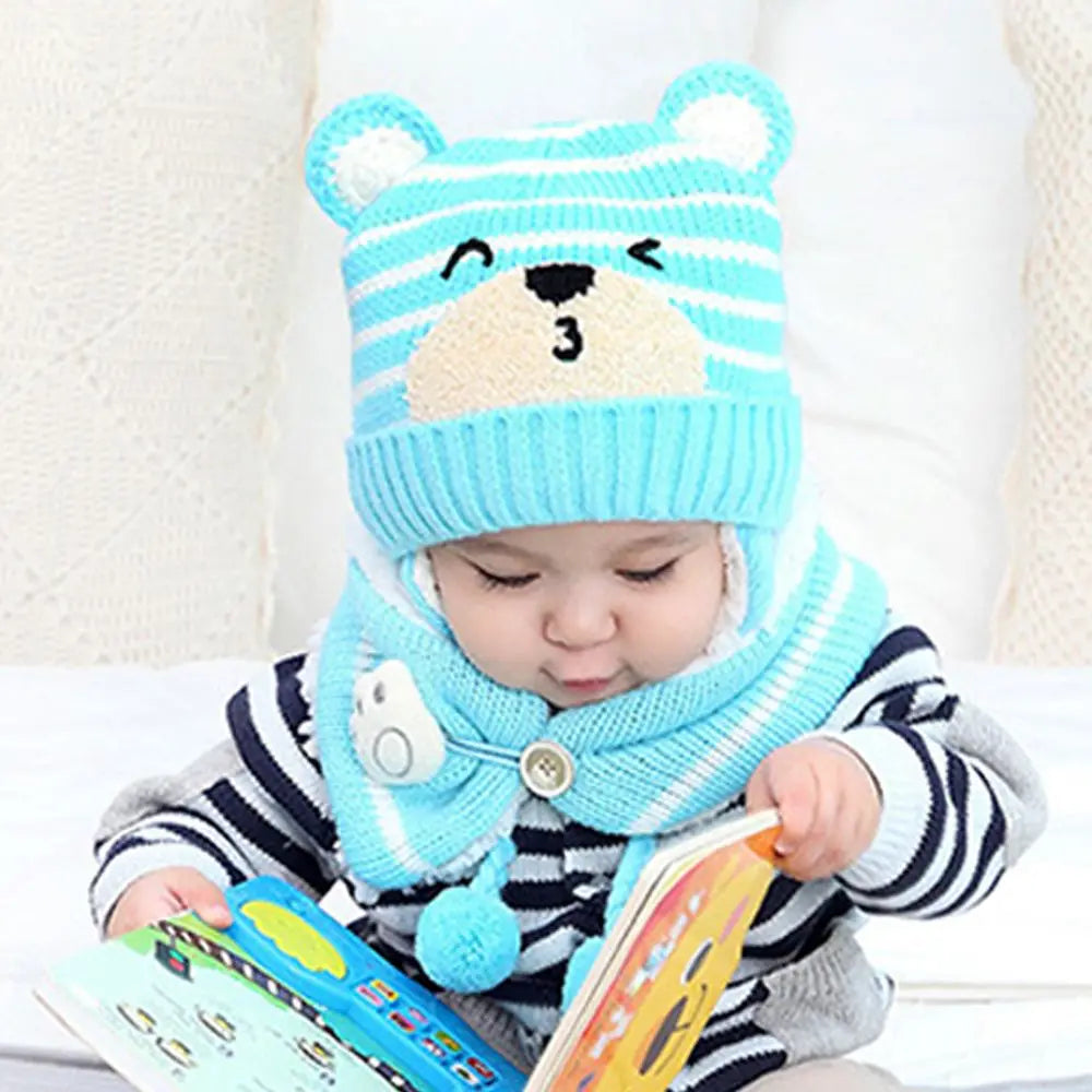 Winter Knitwear Toddler Baby Baby Beanie Cap Bear Earmuff Neck Scarf Kids Hat Scarf Set