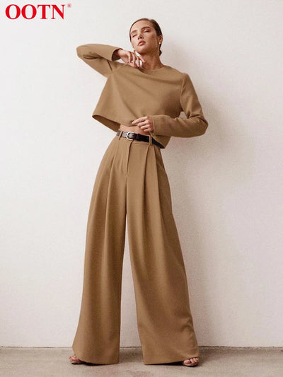 OOTN Autumn High Waist Wide Leg Pants Office Lady Solid Loose Streetwear Khaki Trousers Women Elegant Pleated Long Pants 2023