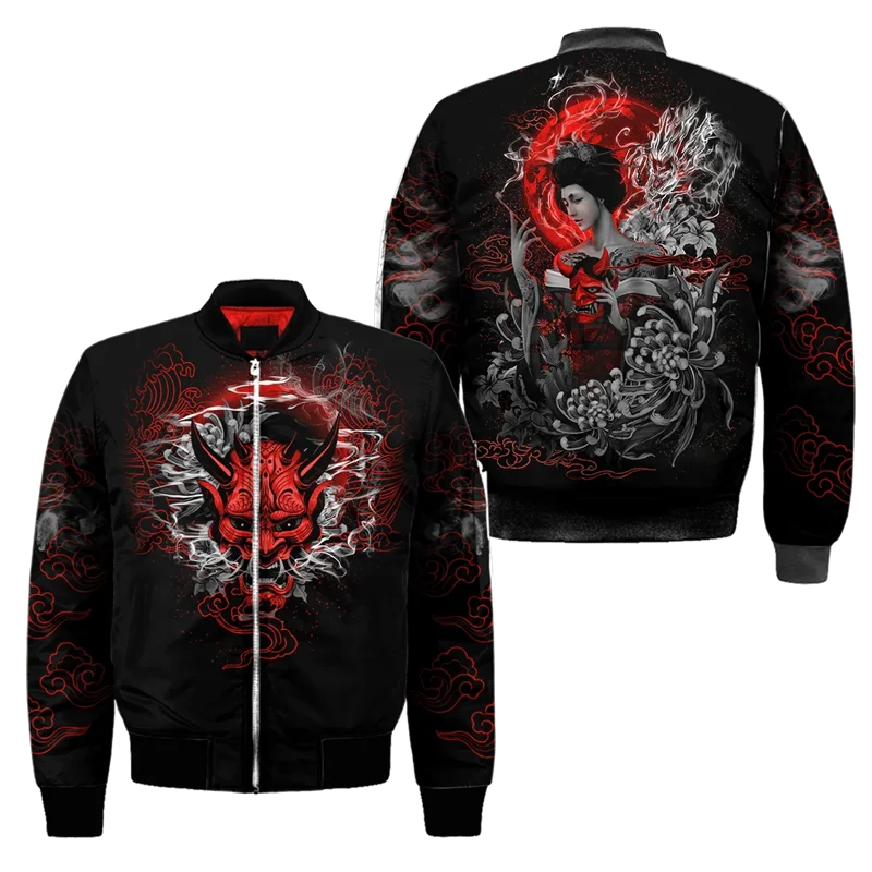 Spring Autumn Mens Bomber Jacket Samurai Oni Mask Tattoo 3D All Over Printed Zip Tracksuits Unisex Casual Zipper Jacket Clothing