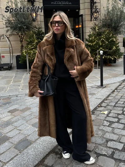 Women's Thick Brown Faux Fur Long Overcoat Fashion Fleece Warm Long Trench Coats Winter Fluffy Plush 2024 New Street Outerwear