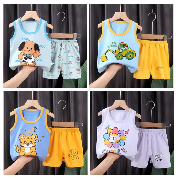 2PCS Children Sets Kids Clothes Vest Suit  Summer Children Clothing baby Cotton T-Shirts Shorts Tank Top  Boys Girls Sleeveless