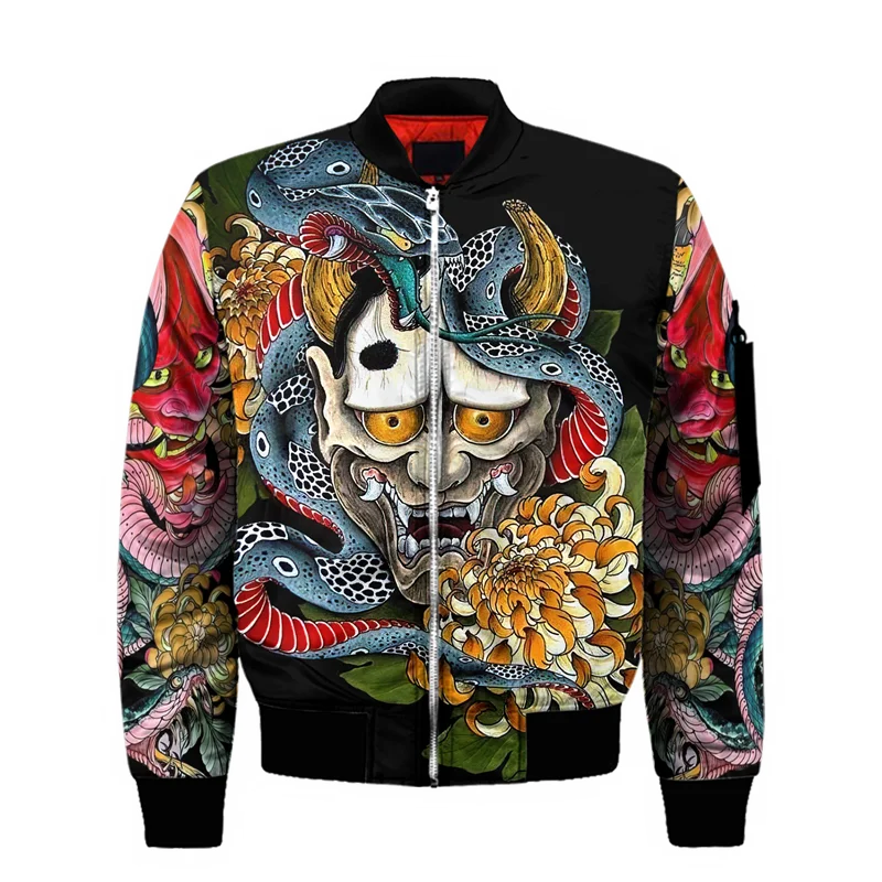 Spring Autumn Mens Bomber Jacket Samurai Oni Mask Tattoo 3D All Over Printed Zip Tracksuits Unisex Casual Zipper Jacket Clothing