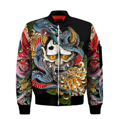 Spring Autumn Mens Bomber Jacket Samurai Oni Mask Tattoo 3D All Over Printed Zip Tracksuits Unisex Casual Zipper Jacket Clothing