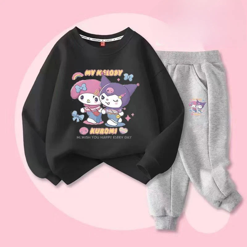 Sanrio Children's Clothing Sets Cute Kuromi Melody Girls Long Sleeved Top and Sweatpants Two Piece Suit Autumn Kids Tracksuit