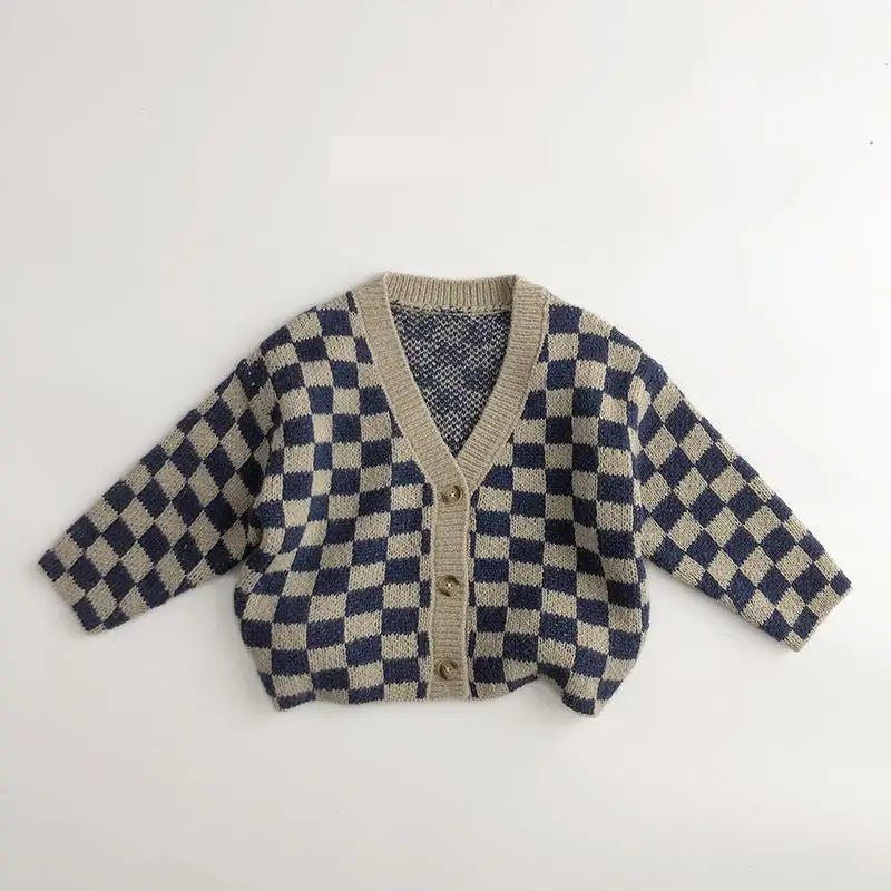 2024 Spring Autumn Children Knitted Plaid Sweater Boy Baby Knit Cardigans Toddler Girl Casual Long Sleeve Coat Kid Cotton Jacket