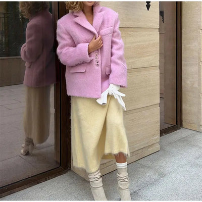 Women's Elegant Pink Lapel Pockets Woolen Blazer Coat Fashion Single-breasted Loose Long Sleeve Coats 2024 Lady Sweet Outerwear