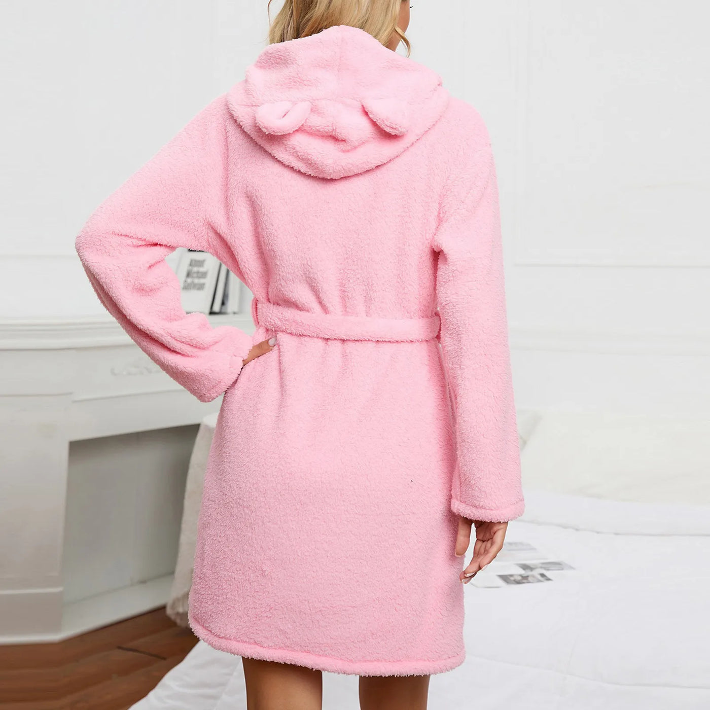 Winter Warm Casual Robes Woman Ear Hooded Bathrobe Plush Robe V Neck Long Sleeve Shawl Kimono Warm Bath Robes Coat