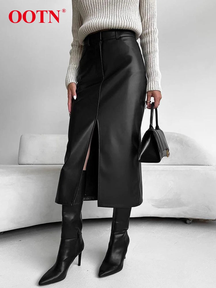 OOTN Elegant Khaki Straight Skirts Women Sexy Black PU Split Long Skirt Autumn Street Chic Mid-Calf Skirts Female 2023 Zipper