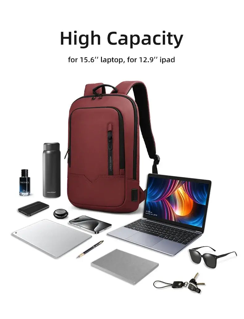 HK Business Slim Backpack For Men Water Resistant 15.6 inch Laptop Bag With USB Charger Light Weight Travel Bag for Work Office