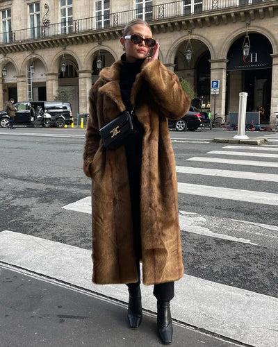 Women's Thick Brown Faux Fur Long Overcoat Fashion Fleece Warm Long Trench Coats Winter Fluffy Plush 2024 New Street Outerwear