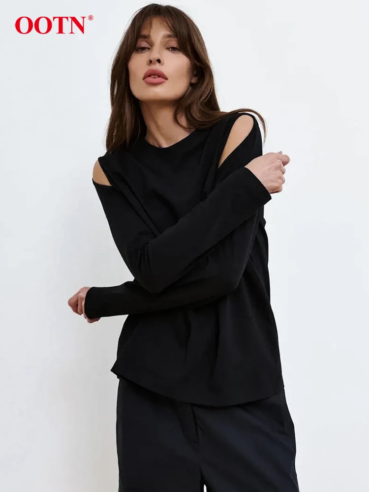 OOTN Sexy Black Hollow Out T Shirts Fashion Casual Slim O Neck Tees Female Spring Street Cotton Long Sleeve Shirt Women 2024