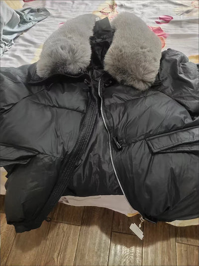 Winter New Fur Collar Puffer Down Parka Loose Down Warmer Thicken Snow Jacket Pocket Zipper Faux Fur Outerwear Female