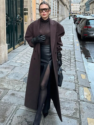 Casual Double-breasted Lapel Oversized Woolen Overcoat Women Chic Pockets Full Sleeve Coat 2024 New Autumn Lady Retro Streetwear