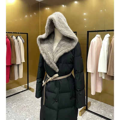 2023 Winter Women Long Coats Filling White Goose Down With Natural Real Mink Fur Collar Luxury Thick Warm Hooded Fashion Jacket