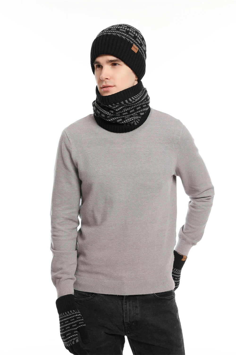 Men's Winter Keep Warm Set Unisex Beanie Telefingers Gloves Fleece Lining Scarf Male Woolen Yarn Knitted Muffler Neck Gaiter Hat