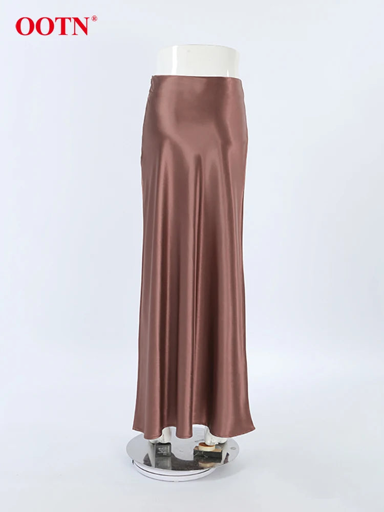 OOTN Elegant Brown Satin A Line Skirts Women Office Lady Silk Long Skirt Fashion Casual Ankle-Length Skirts Female 2024 Spring