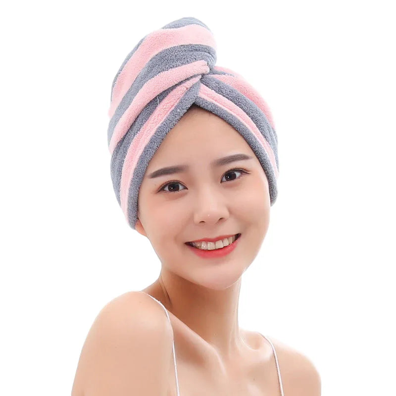 Stripe Quick-dry Hair Towel Women Hair Drying Hat Coral Fleece Solid Towel Cap Super Absorption Turban Hair Dry Cap