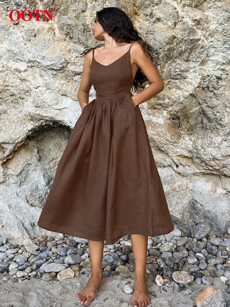 OOTN Summer Brown Linen Long Dress Women 2024 Fashion Khaki Pockets A-Line Pleated Dresses Casual Green Backless Sexy Dress Lady