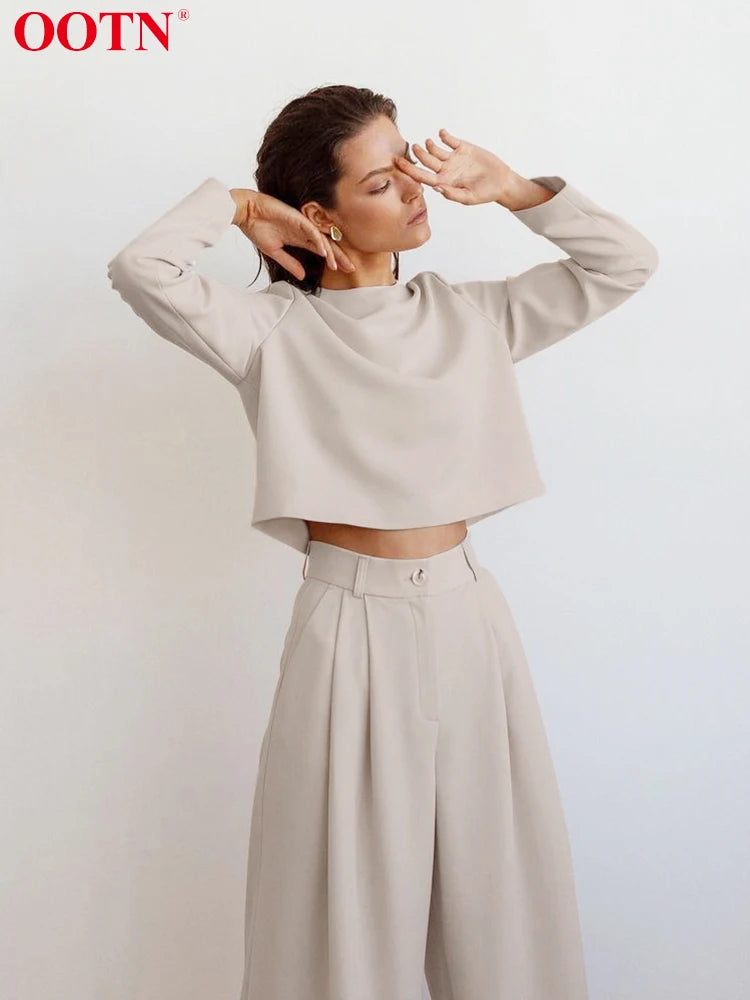 OOTN Autumn High Waist Wide Leg Pants Office Lady Solid Loose Streetwear Khaki Trousers Women Elegant Pleated Long Pants 2023