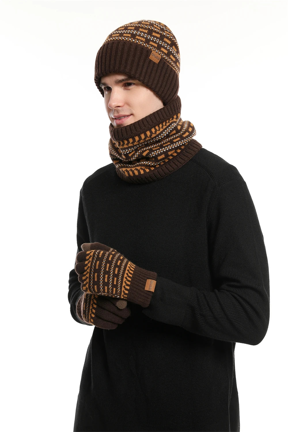 Men's Winter Keep Warm Set Unisex Beanie Telefingers Gloves Fleece Lining Scarf Male Woolen Yarn Knitted Muffler Neck Gaiter Hat